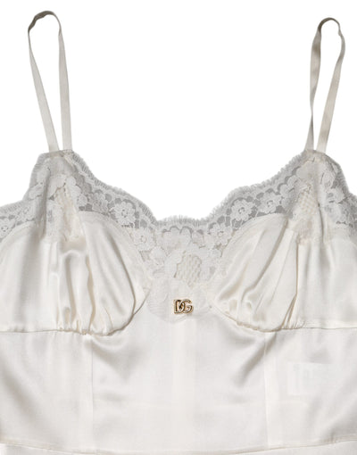 Dolce & Gabbana Weißes DG Logo-Spitzenkleid aus Seide Nachtwäsche
