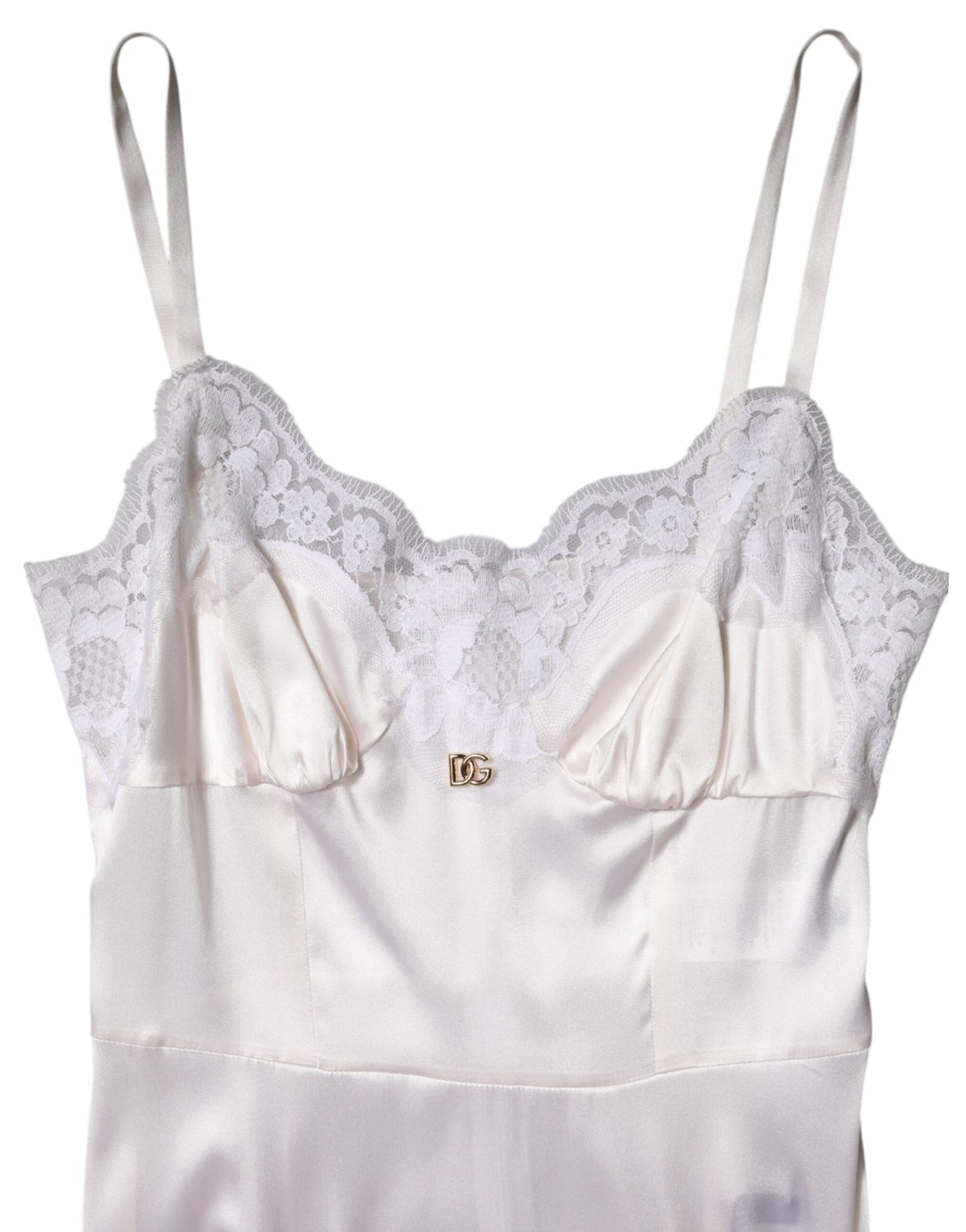 Dolce & Gabbana Weißes Spitzenkleid mit goldenem DG-Logo aus Seide Nachtwäsche