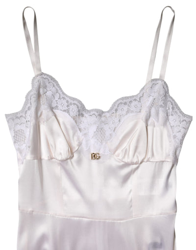 Dolce & Gabbana Weißes Spitzenkleid mit goldenem DG-Logo aus Seide Nachtwäsche