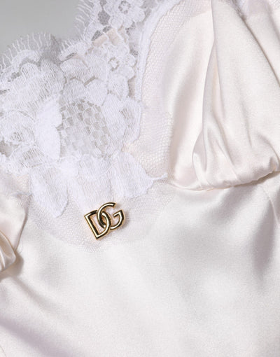 Dolce & Gabbana Weißes Spitzenkleid mit goldenem DG-Logo aus Seide Nachtwäsche