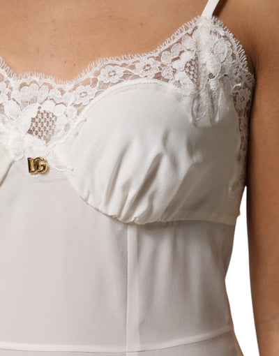 Dolce & Gabbana Weißes Spitzenkleid mit goldenem DG-Logo aus Seide Nachtwäsche