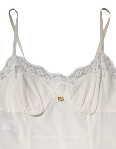 Dolce & Gabbana Weißes Spitzenkleid mit goldenem DG-Logo aus Seide Nachtwäsche