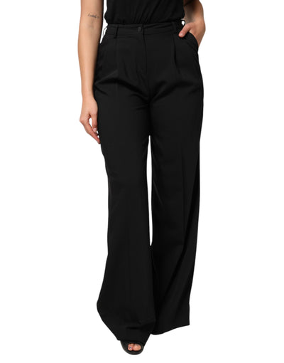 Dolce & Gabbana Schwarze Hose mit weitem Bein und hoher Taille aus Wolle