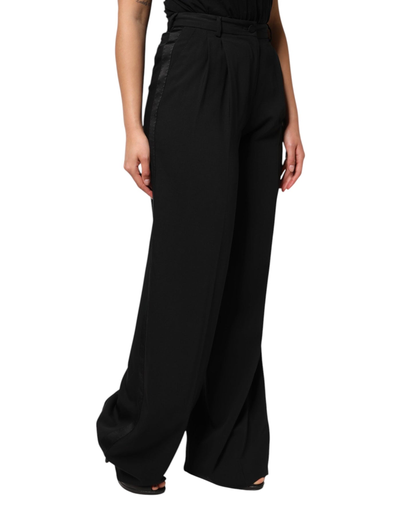Dolce & Gabbana Schwarze Hose mit weitem Bein und hoher Taille aus Wolle