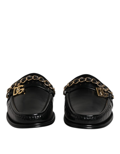Dolce & Gabbana Schwarze Leder DG Kette verschönert Sandalen Schuhe