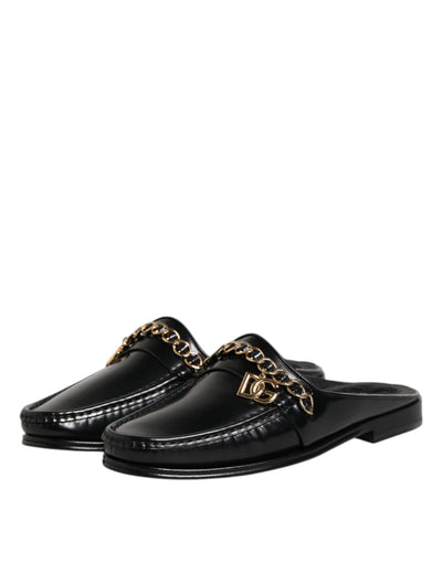 Dolce & Gabbana Schwarze Leder DG Kette verschönert Sandalen Schuhe