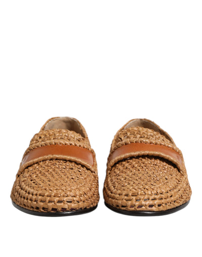 Dolce & Gabbana Braune gewebte Raffia Slip On Loafers Schuhe