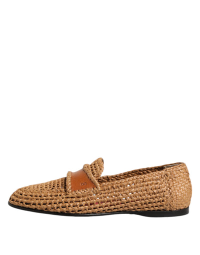 Dolce & Gabbana Braune gewebte Raffia Slip On Loafers Schuhe