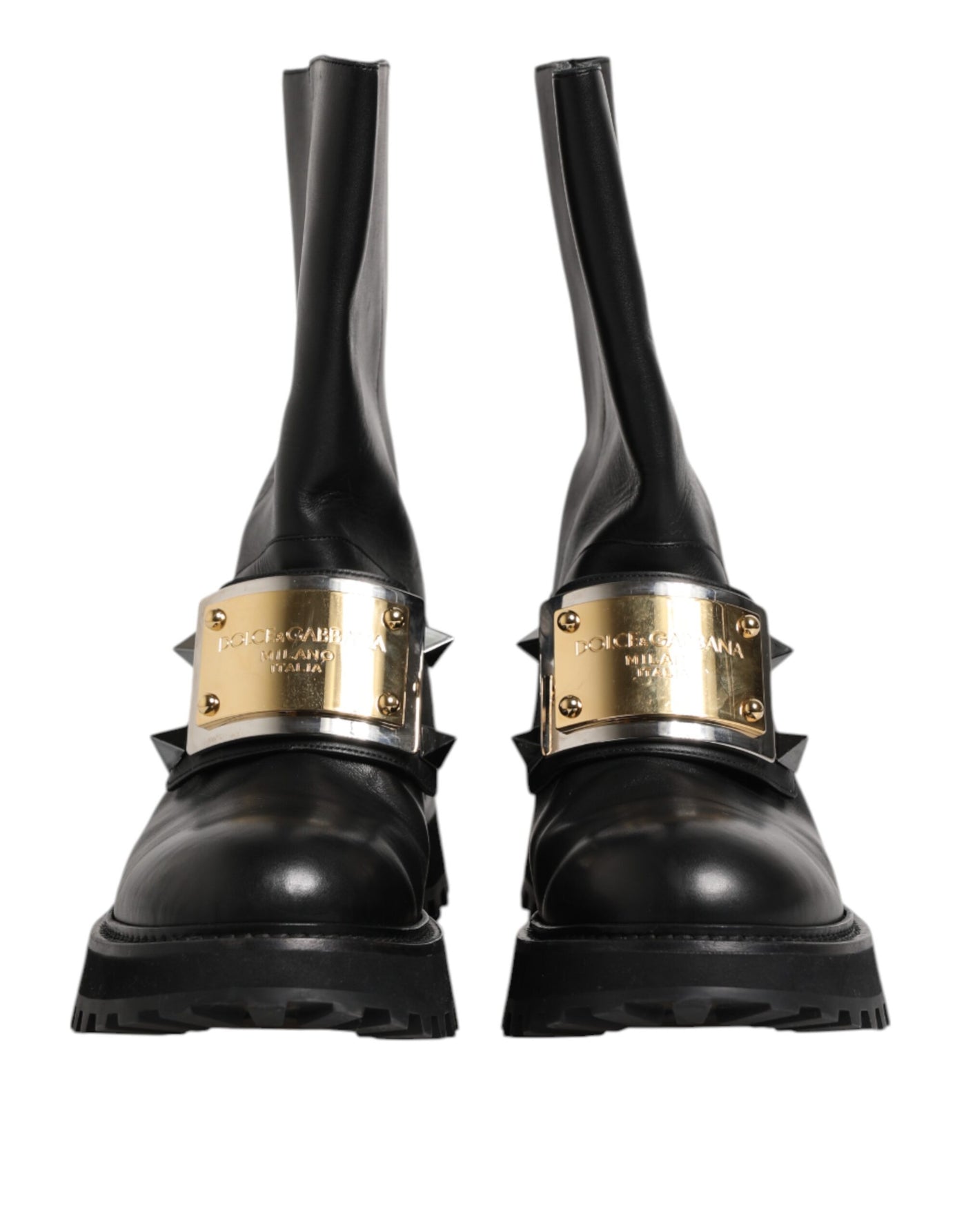 Dolce & Gabbana Schwarze Leder DG Logo Plaque Hohe Stiefel Schuhe