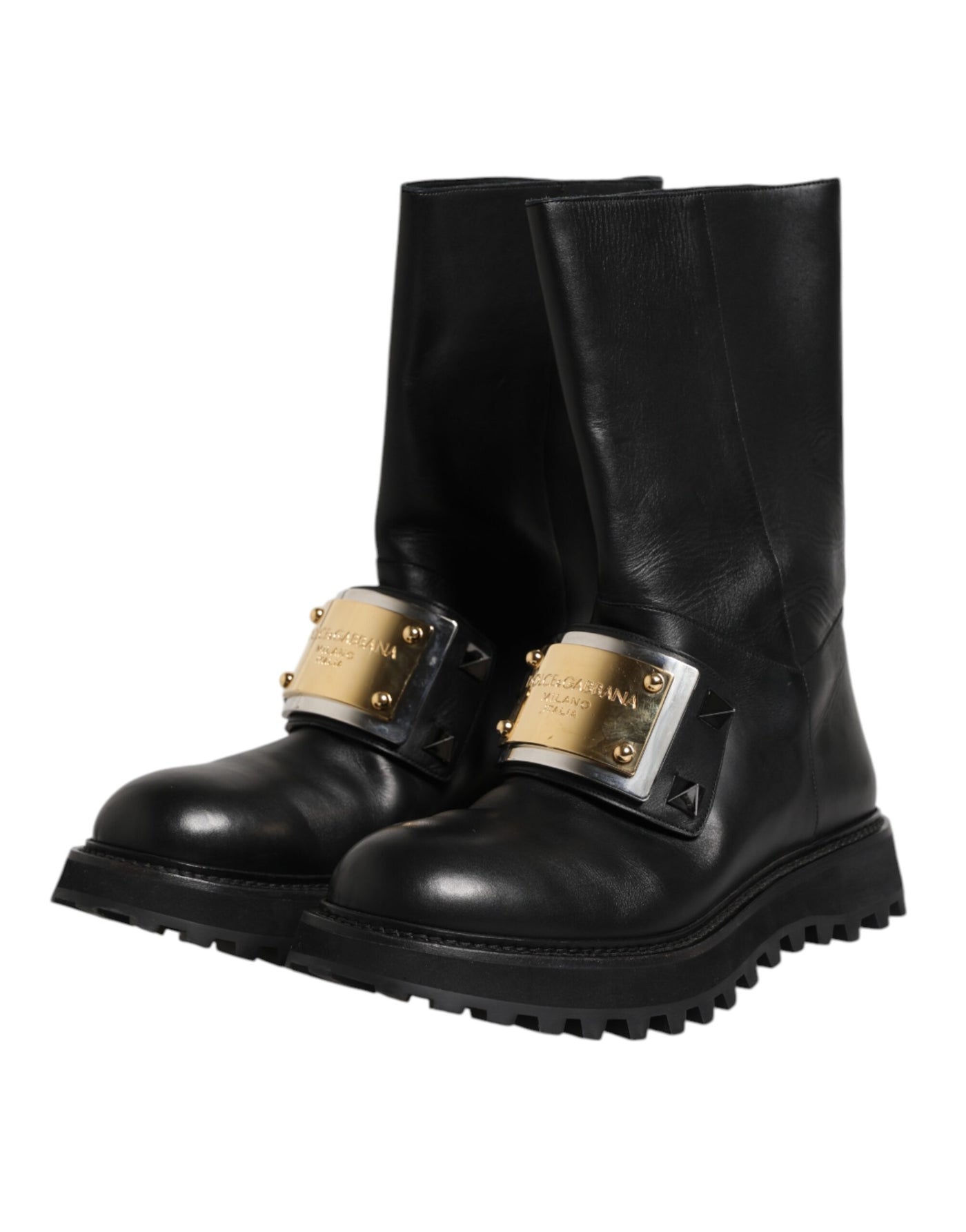 Dolce & Gabbana Schwarze Leder DG Logo Plaque Hohe Stiefel Schuhe