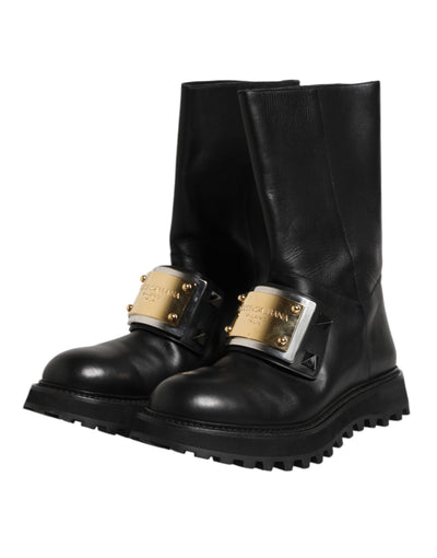 Dolce & Gabbana Schwarze Leder DG Logo Plaque Hohe Stiefel Schuhe