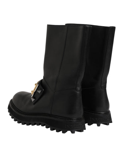 Dolce & Gabbana Schwarze Leder DG Logo Plaque Hohe Stiefel Schuhe