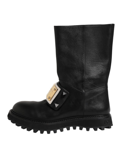 Dolce & Gabbana Schwarze Leder DG Logo Plaque Hohe Stiefel Schuhe