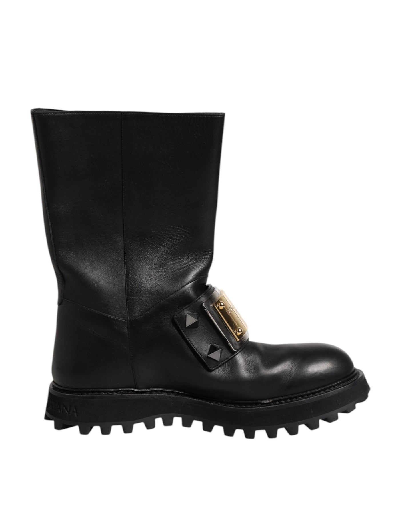 Dolce & Gabbana Schwarze Leder DG Logo Plaque Hohe Stiefel Schuhe