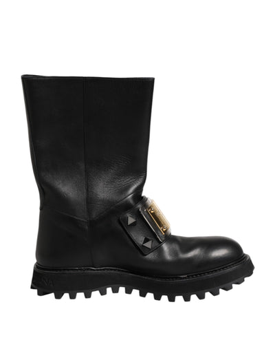 Dolce & Gabbana Schwarze Leder DG Logo Plaque Hohe Stiefel Schuhe