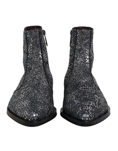 Dolce & Gabbana Dunkelgraue Baumwolle Pailletten Chelsea Boots Schuhe