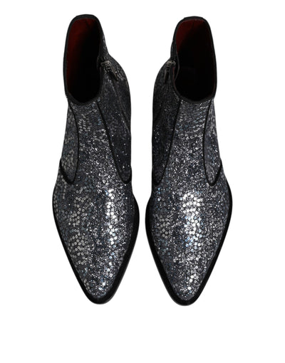 Dolce & Gabbana Dunkelgraue Baumwolle Pailletten Chelsea Boots Schuhe