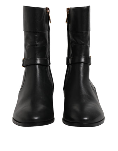 Dolce & Gabbana Schwarzes Leder Flats Logo Kurze Stiefel Schuhe