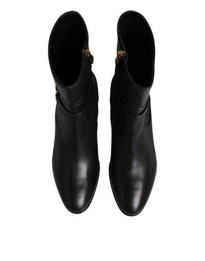 Dolce & Gabbana Schwarzes Leder Flats Logo Kurze Stiefel Schuhe