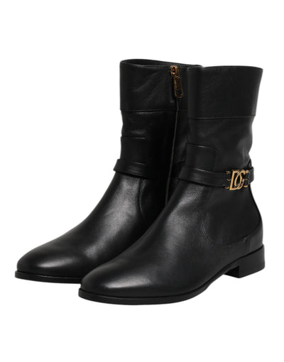 Dolce & Gabbana Schwarzes Leder Flats Logo Kurze Stiefel Schuhe