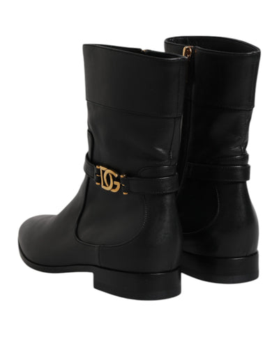 Dolce & Gabbana Schwarzes Leder Flats Logo Kurze Stiefel Schuhe
