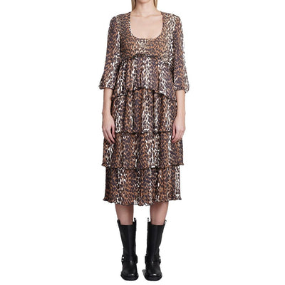 Ganni Plissiertes Midikleid aus Georgette mit Leopardenmuster