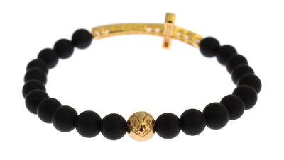 Nialaya Mattes Onyx Stein Gold CZ Kreuz 925 Silber Armband