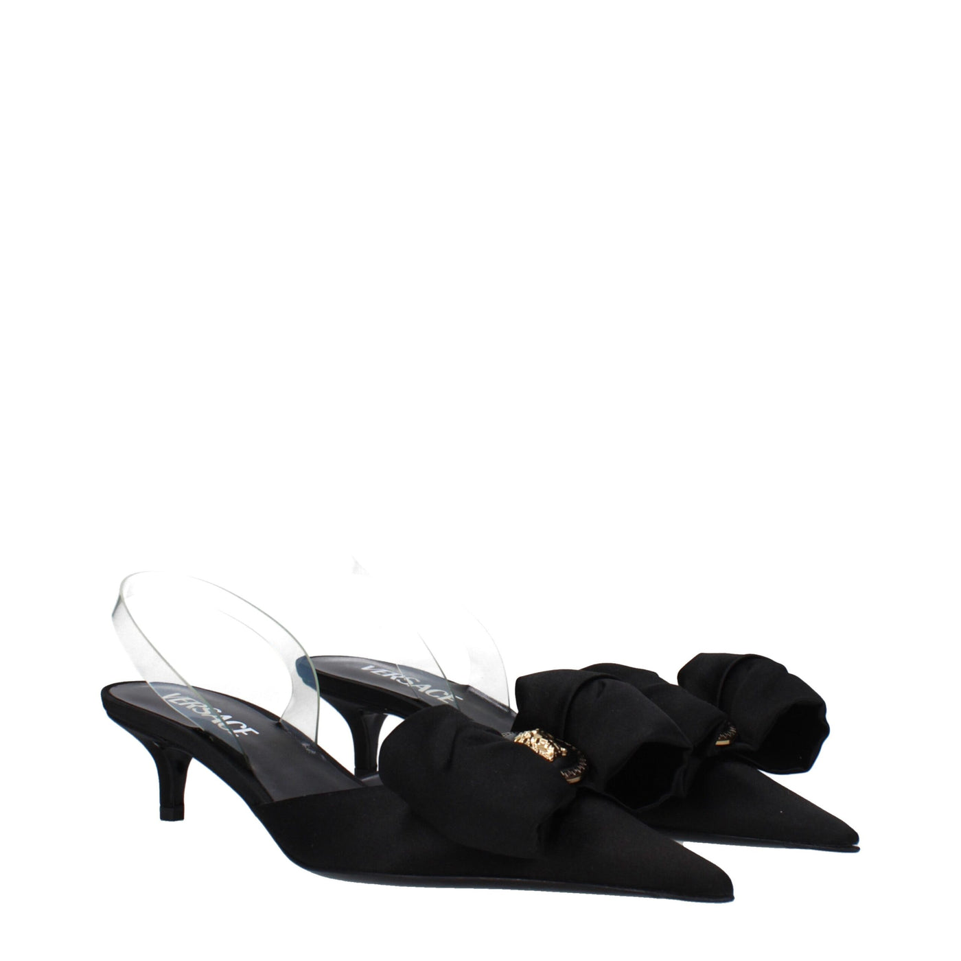 Versace Flache Sandalen aus schwarzem Satin