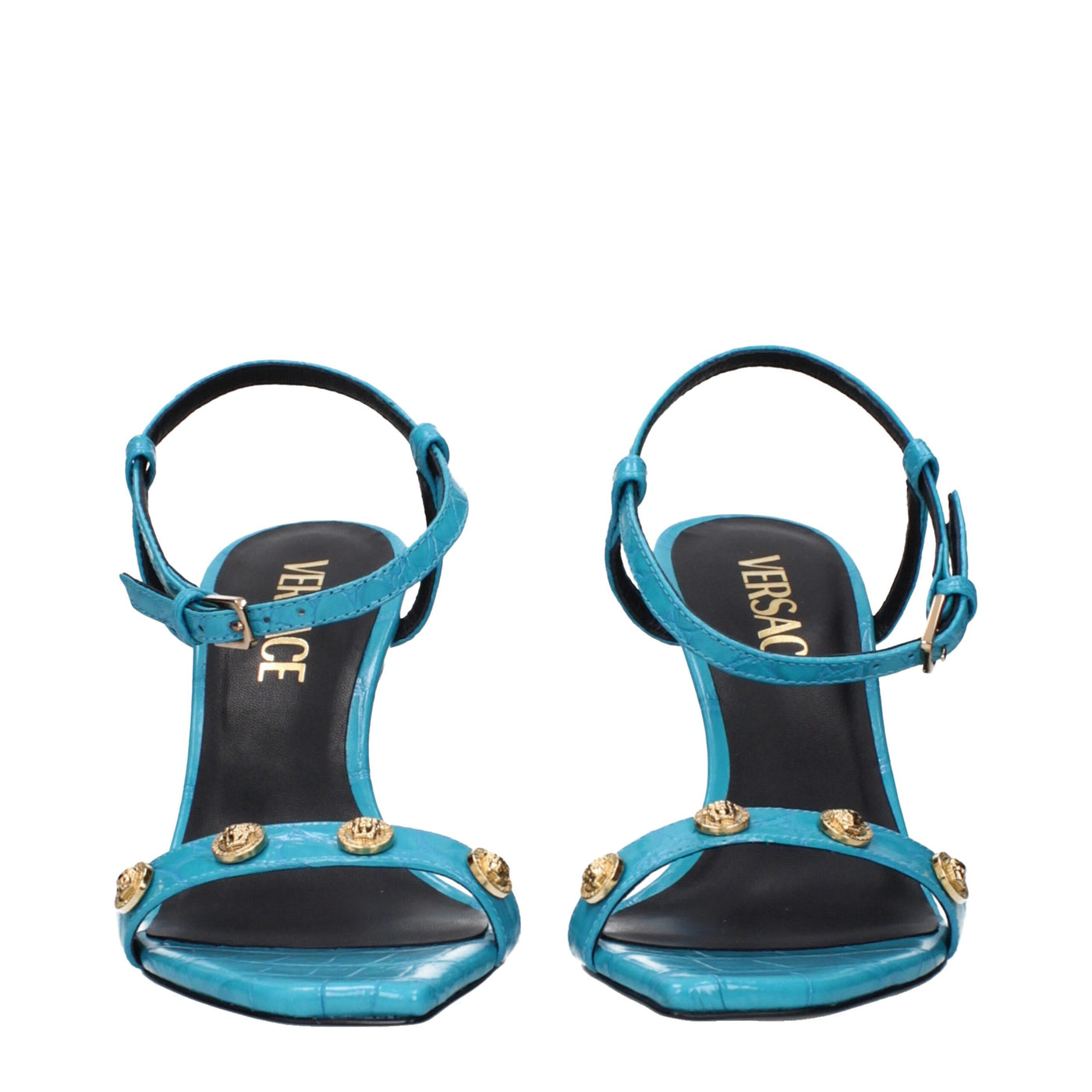 Versace Blaue Leder Stiletto Heels Sandalen