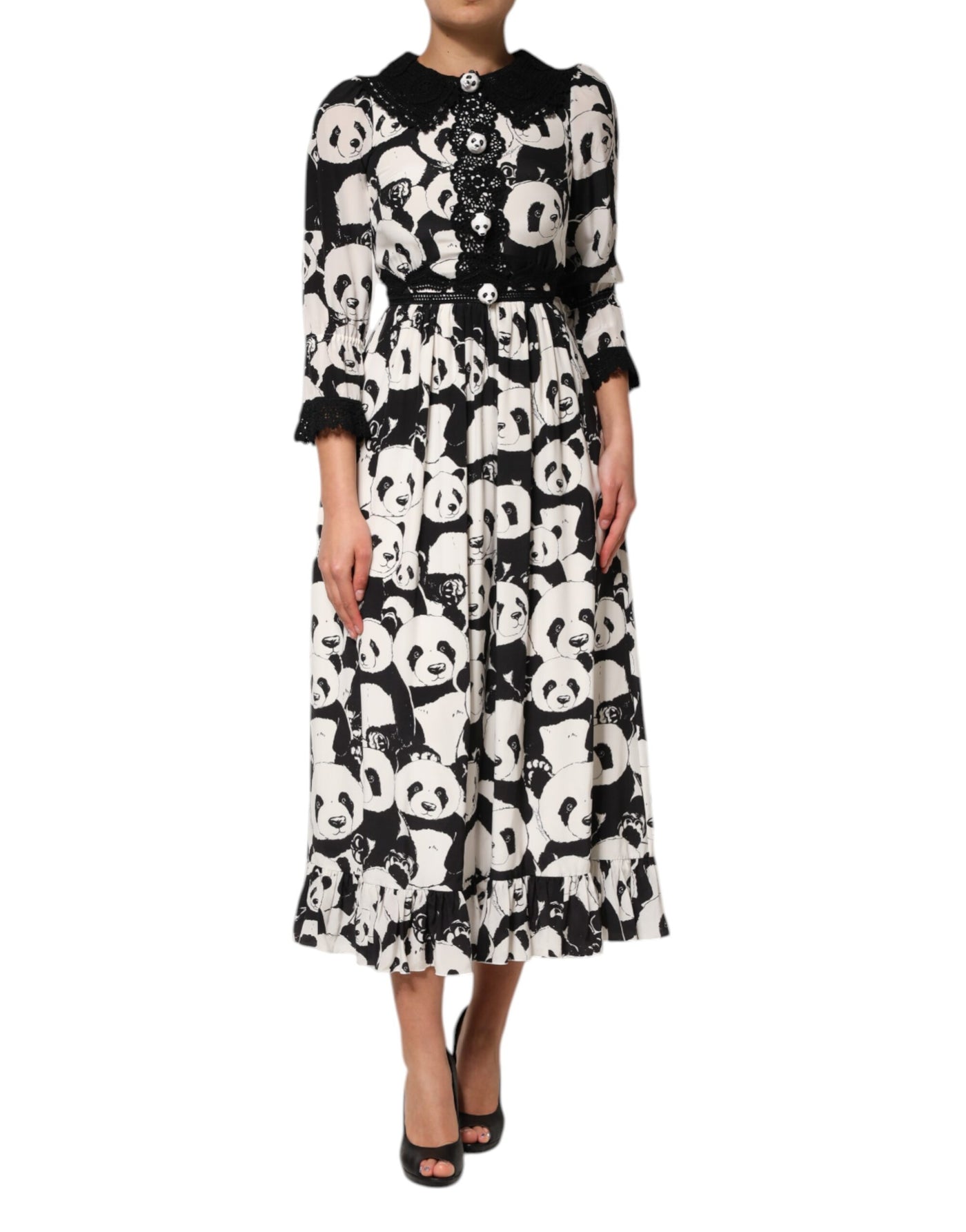 Dolce & Gabbana Weißes Schwarzes Panda Print ausgestelltes Midikleid