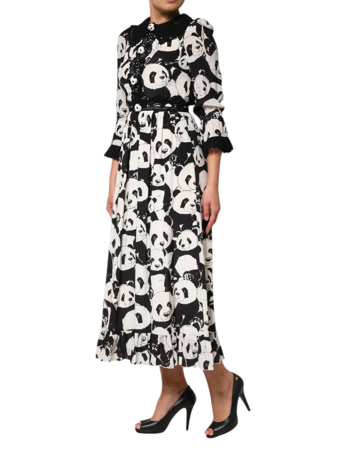 Dolce & Gabbana Weißes Schwarzes Panda Print ausgestelltes Midikleid
