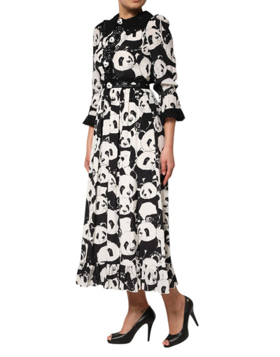 Dolce & Gabbana Weißes Schwarzes Panda Print ausgestelltes Midikleid