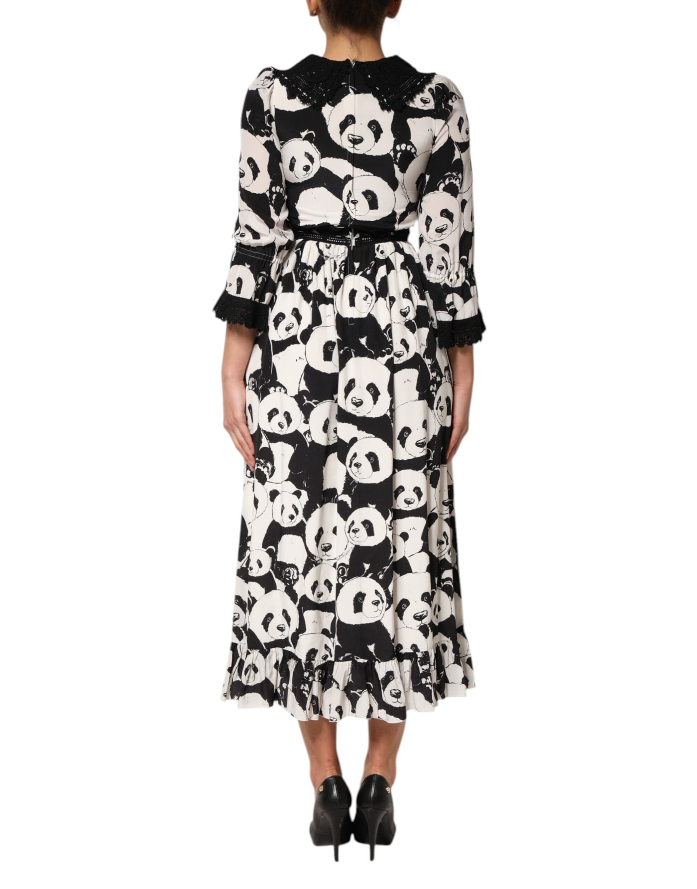 Dolce & Gabbana Weißes Schwarzes Panda Print ausgestelltes Midikleid