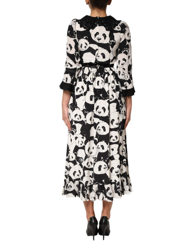 Dolce & Gabbana Weißes Schwarzes Panda Print ausgestelltes Midikleid