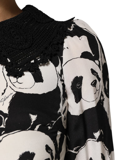 Dolce & Gabbana Weißes Schwarzes Panda Print ausgestelltes Midikleid