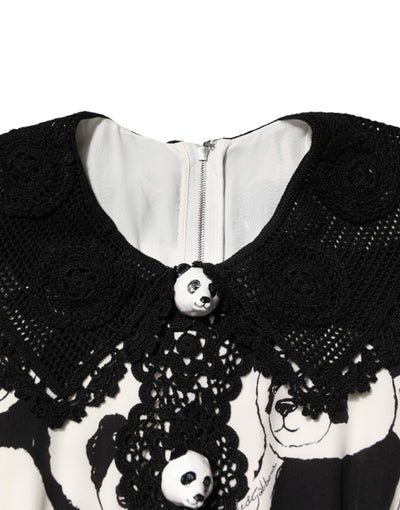 Dolce & Gabbana Weißes Schwarzes Panda Print ausgestelltes Midikleid