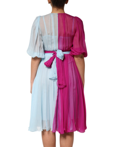 Dolce & Gabbana Fuchsia Hellblaues zweifarbiges Midikleid aus Seide