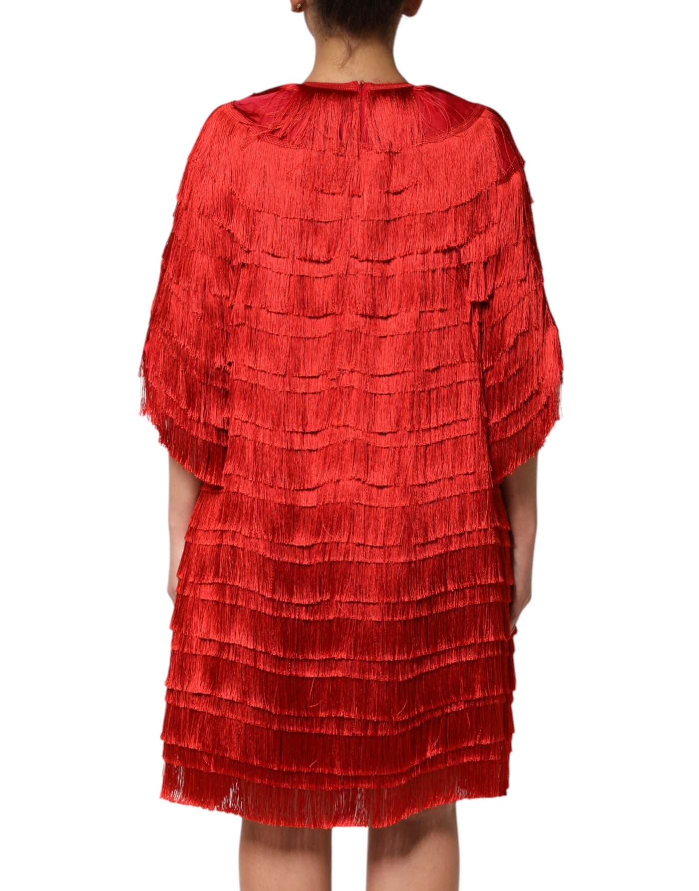 Dolce & Gabbana Rotes knielanges Kleid aus Seide mit Fransen