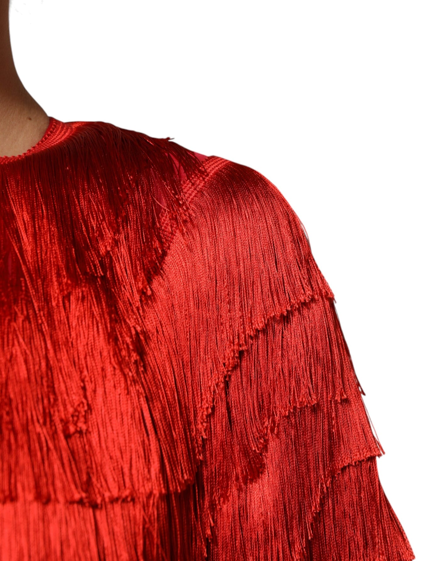 Dolce & Gabbana Rotes knielanges Kleid aus Seide mit Fransen