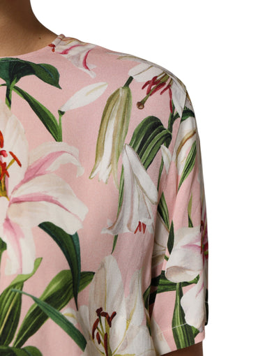 Dolce & Gabbana Pinke Lilie Bedrucktes Blusenoberteil mit Rundhalsausschnitt