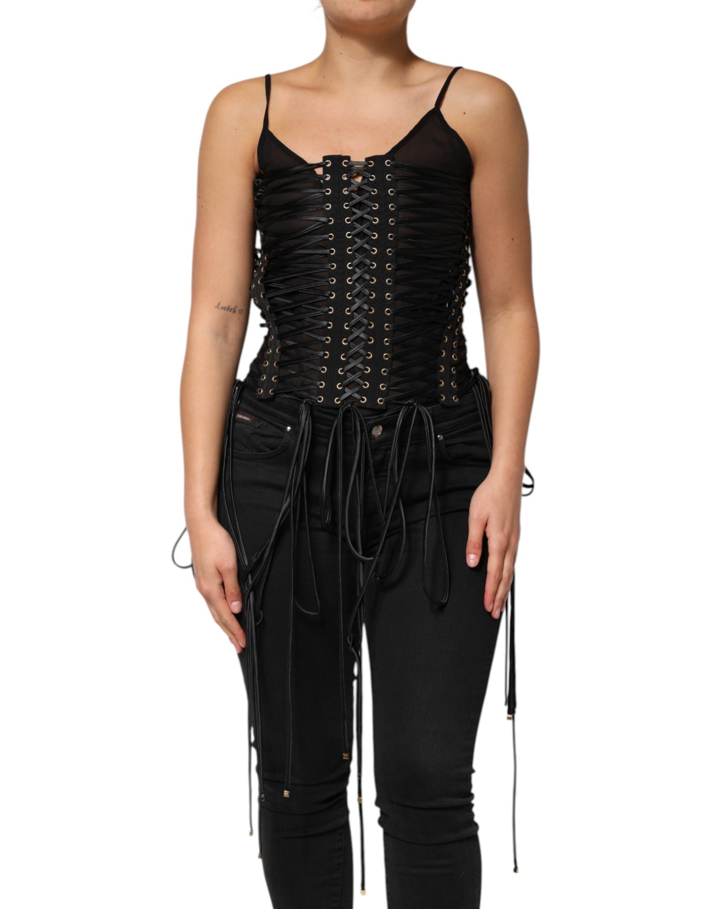 Dolce & Gabbana Schwarzes mit Ösen verziertes Korsett-Top