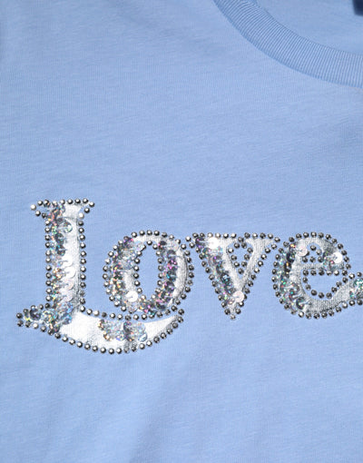 PINKO Blaues Love Story Pailletten verziertes Kurzarm-T-Shirt