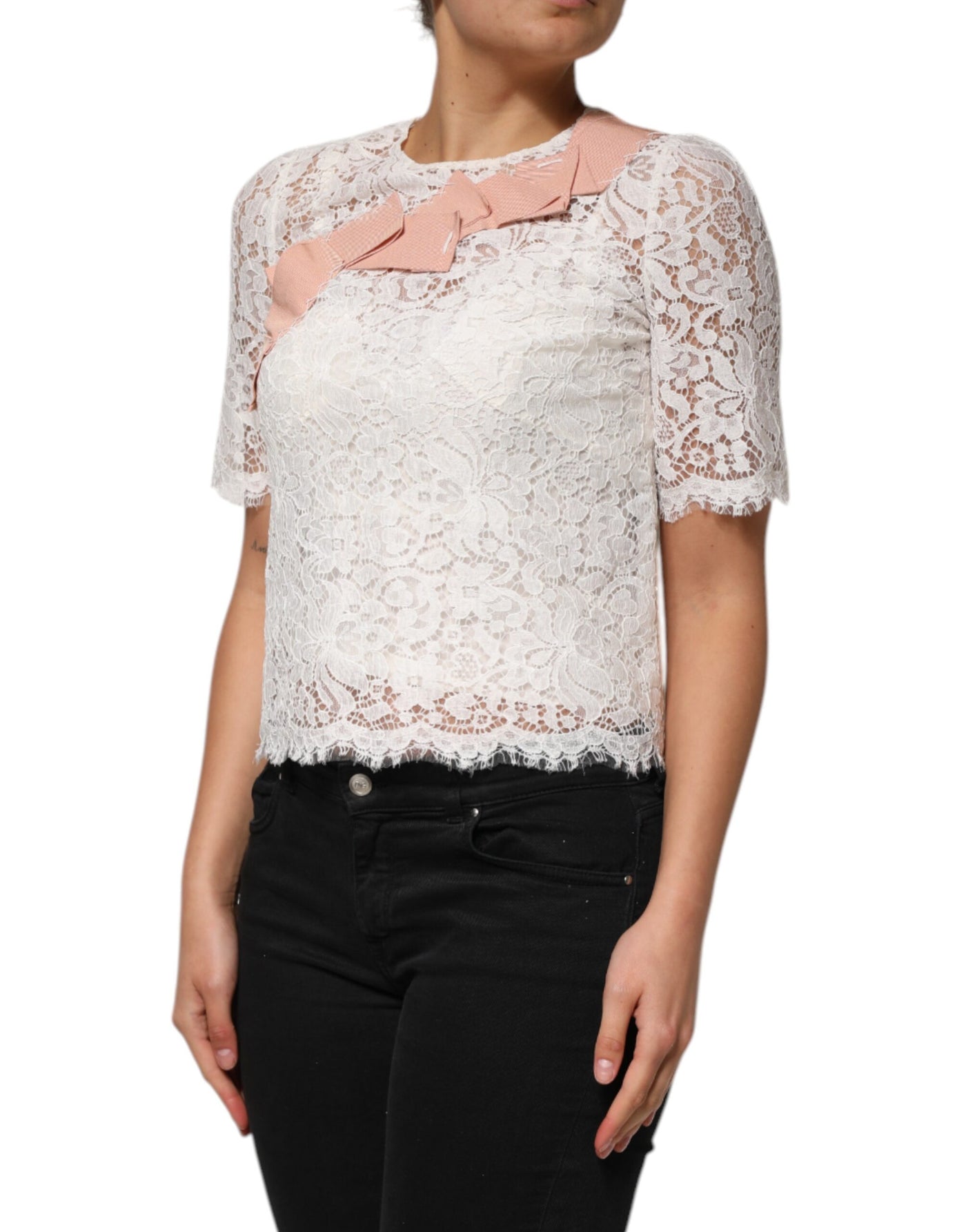 Dolce & Gabbana Weißes Blusentop mit floraler Spitze und kurzen Ärmeln