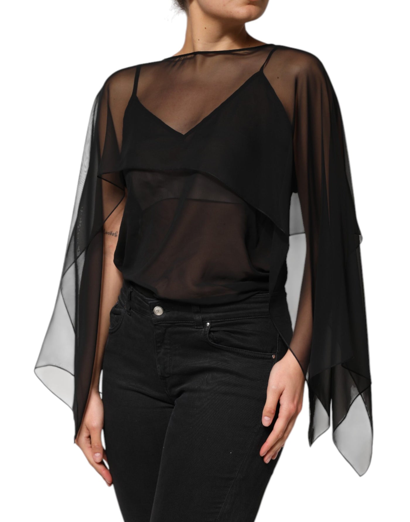 Dolce & Gabbana Schwarzes See-Through-Seiden-Chiffon-Spitzenblusentop