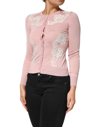Dolce & Gabbana Rosa Strickjacke mit floralen Spitzenverzierungen