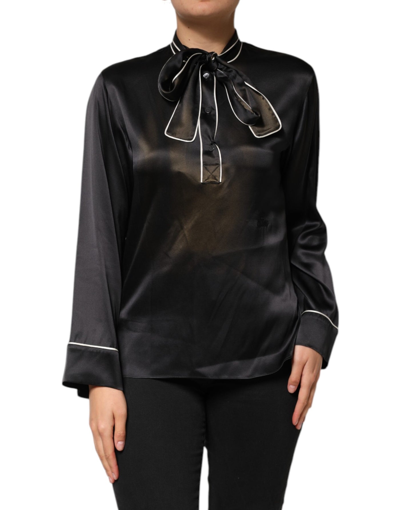 Dolce & Gabbana Schwarzes Seidenblusentop mit Ascot-Kragen und Knöpfen