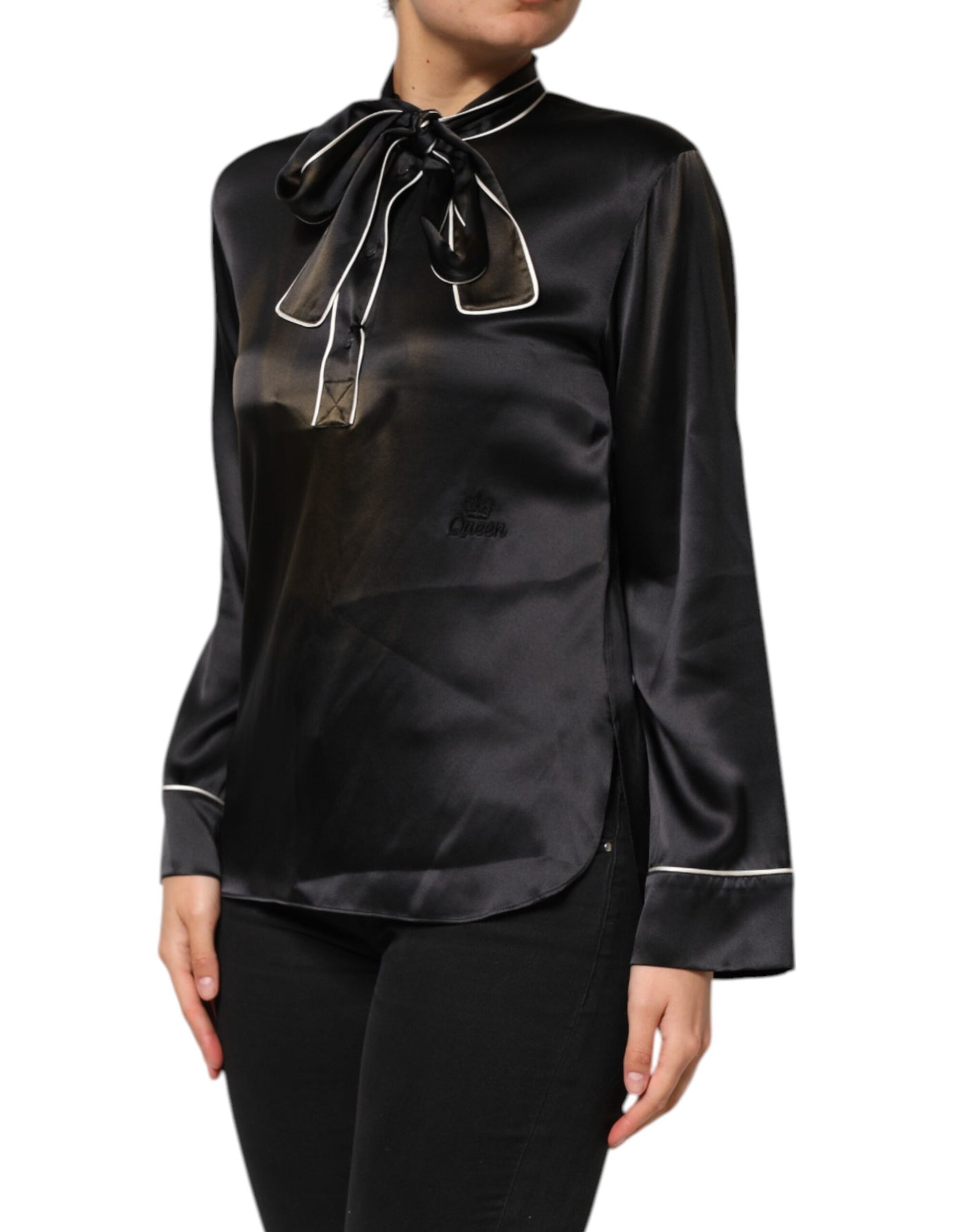 Dolce & Gabbana Schwarzes Seidenblusentop mit Ascot-Kragen und Knöpfen