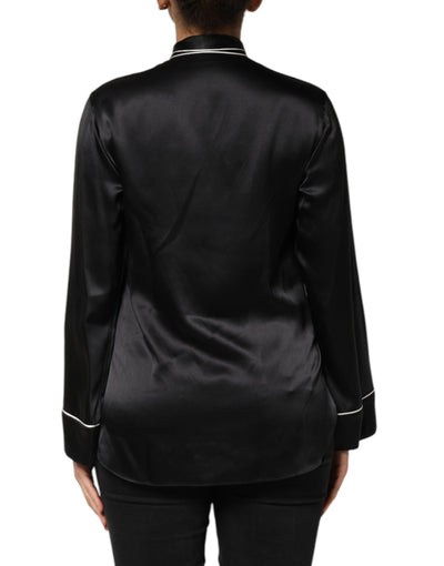 Dolce & Gabbana Schwarzes Seidenblusentop mit Ascot-Kragen und Knöpfen
