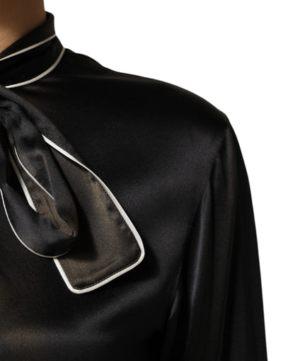 Dolce & Gabbana Schwarzes Seidenblusentop mit Ascot-Kragen und Knöpfen