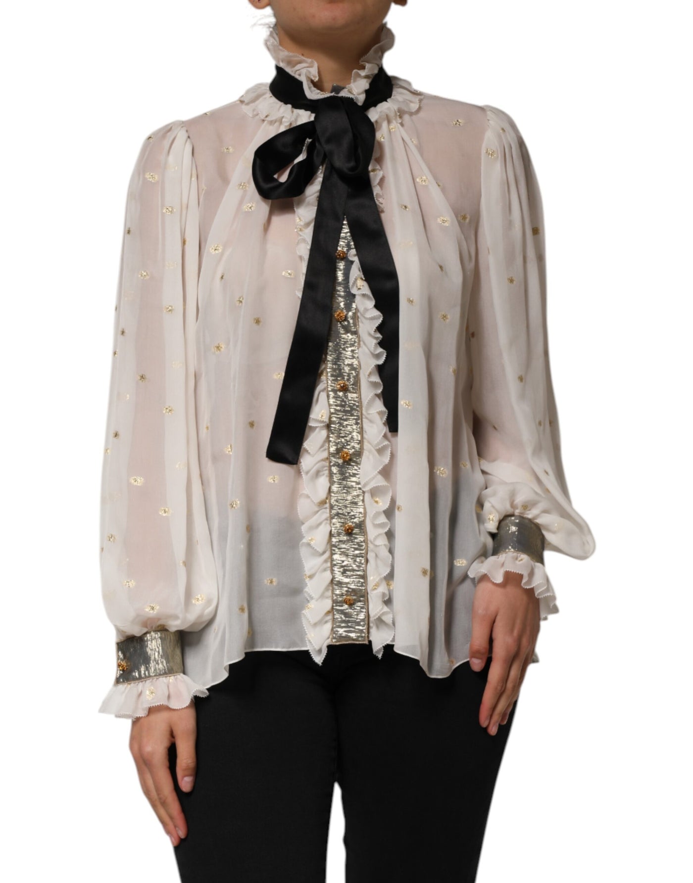 Dolce & Gabbana Weiß Schwarz Seide Langarm Ascot Kragen Top